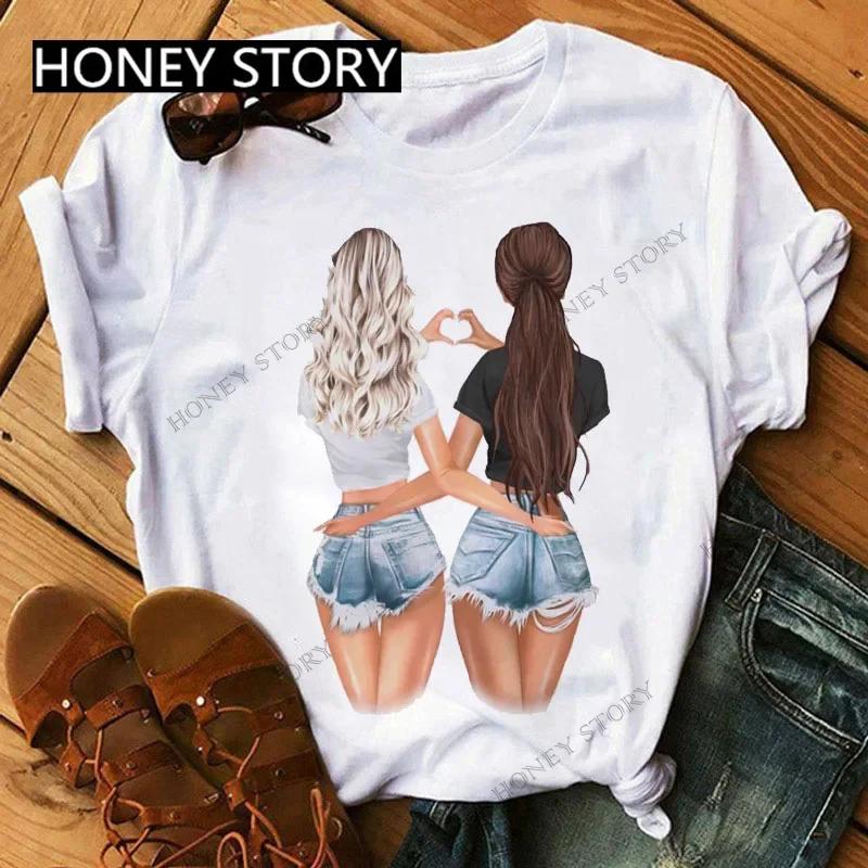 Summer Fashion Best Friends T-Shirt Short Sleeve Graphic Tees for Ladies Good Friend Bestie Sister Outfit Polyester Fabric