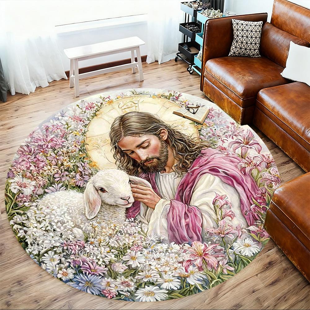 1pc Jesus Shepherd Lamb Round Chair mat office Area Rug - Non-Slip, Floor Mat for Office, Bedroom, Ideal home decor gift c0112106