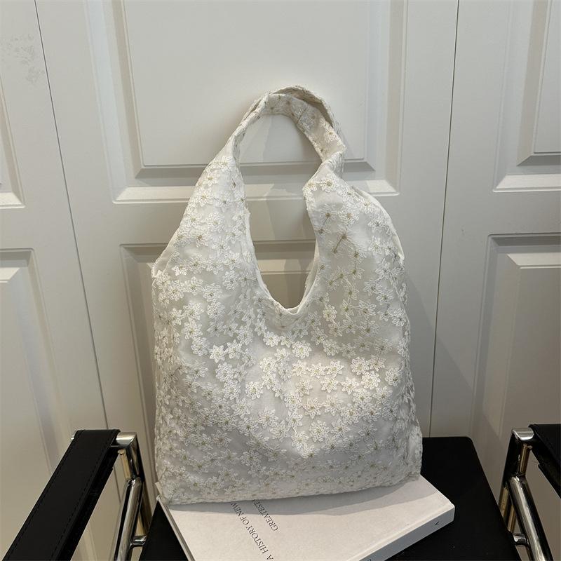 Canvas Bag Korean Ins Simple Mesh Small Daisy Lace Shoulder Bag High-end Handbag Versatile Underarm Bag