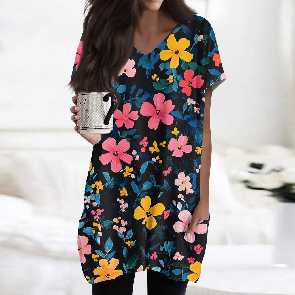 Women's Retro Flower And Leaf Print V-Neck Midi Pocket Short Sleeve Top