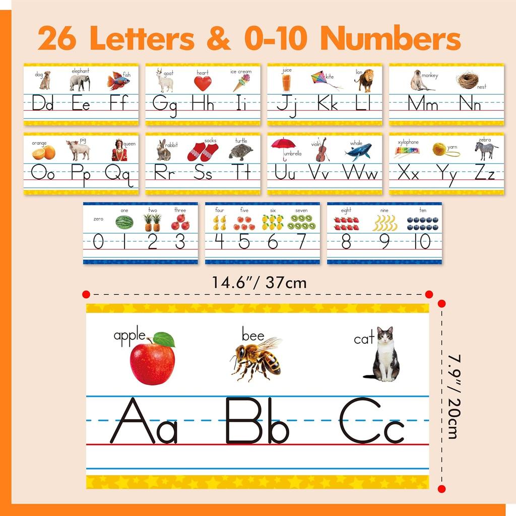 Alphabet & Number Line Bulletin Board Set, 12 PCS ABC & 123 Wall Decorations 26 Upper & Lower Case Letters Plus Numbers 0-10 for Preschool,