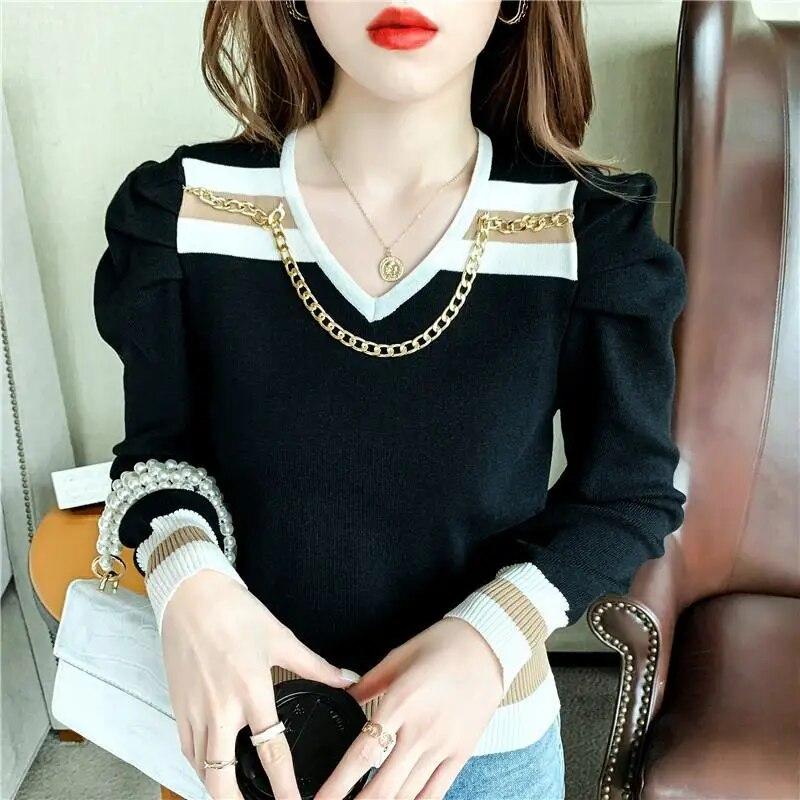 Jaro Podzim Nová Móda Kontrastní Barva Bufetové Rukávy Spodní Pletenina Dámský Pletený Svetr s V-výstřihem Top s Dlouhým Rukávem