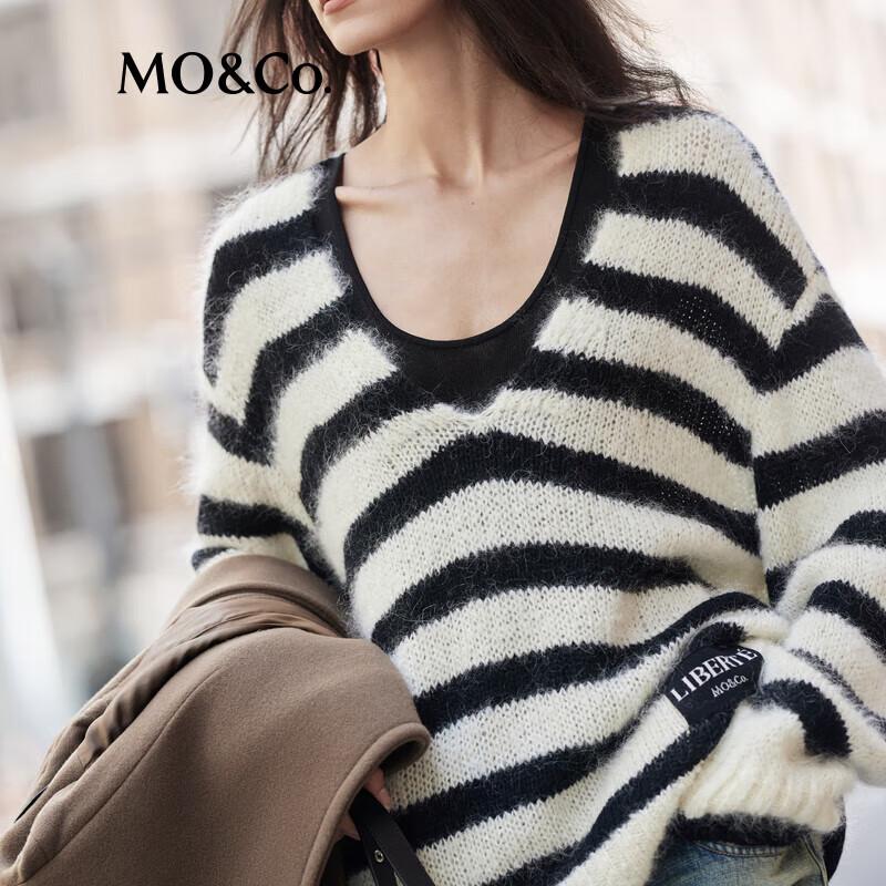 MO&Co. 2024 Winter Mohair Blend V-Neck Striped Sweater
