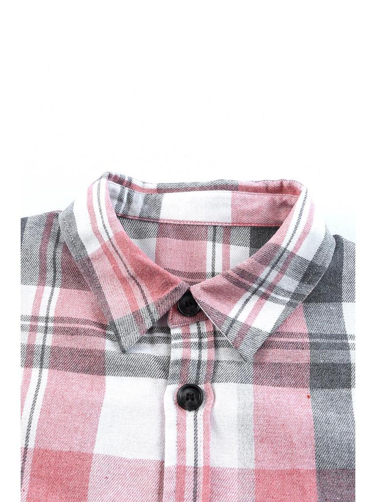 2024 Women's Pink Plaid Loose Long Sleeve Shirt Jacket