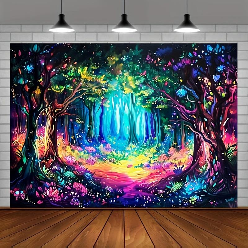 Magical Forest with Neon Background Cloth Psychedelic Plant Wall Hanging Bedroom Living Room Background
