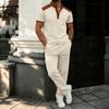 Men's Plaid Color Block Stand Collar Suit - Short Sleeve Shirt and Long Pants Set
