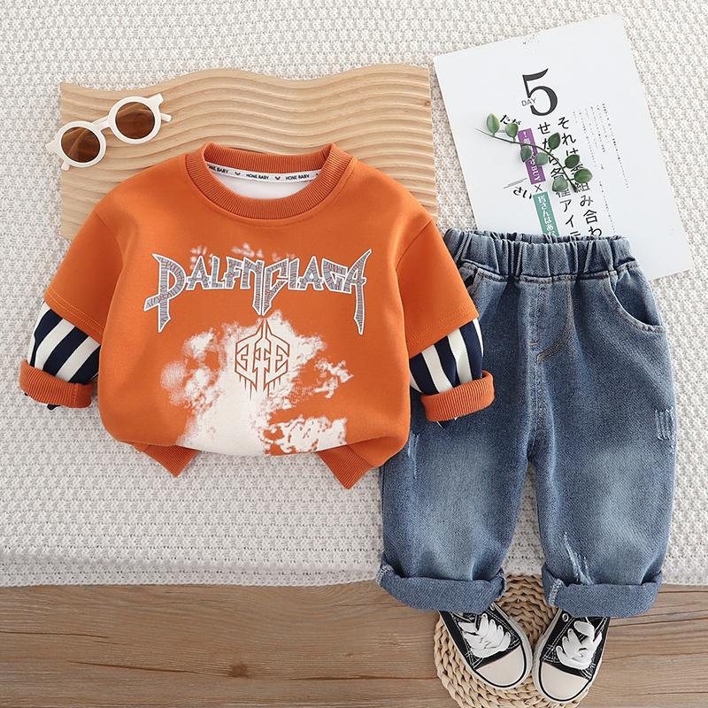 

Новый комплект с длинными рукавами для мальчика 0-5 лет, детская толстовка с круглым вырезом и надписью, повседневные джинсовые брюки, модный комплект из двух предметов в полоску для мальчиков L оранжевый