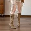 Fashion Autumn Winter Fashion Pleated Design Women Knee-High Boots Vintage Faux Suede Lace High heels Western Cowboy Long Booties Shoes