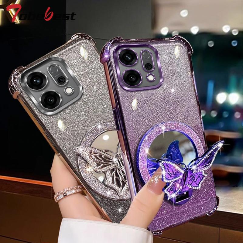 Glitter Butterfly Mirror Crystal Bracelet Case For OPPO Reno 14 13 12 11 10 Pro Plus Shockproof Plating Silicone Cover