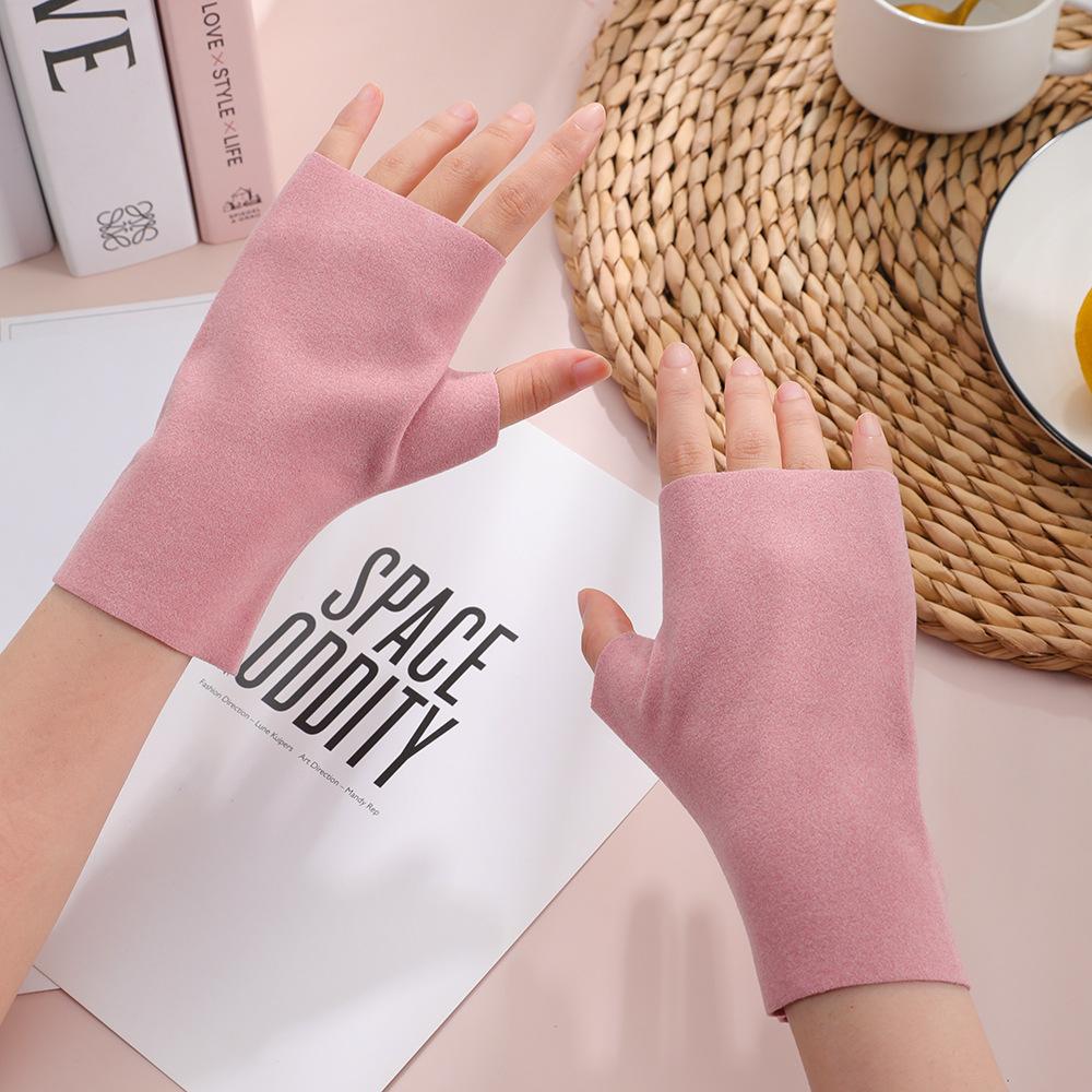 Half Finger Warm Gloves Heat Storage German Velvet Windproof Gloves Flexible Writing Finger Gloves Cute Girls' Cold Proof Gloves