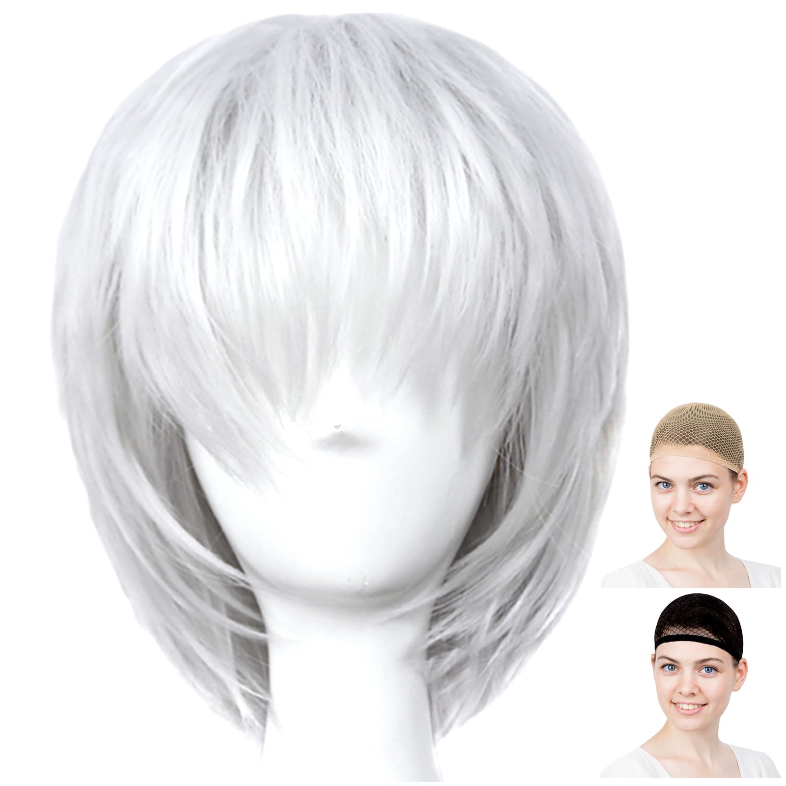 

CaseEden Cosplay Wig, Short, 25cm, Heat-Resistant, Silver, Silver-White, Includes 2 Wig Nets
