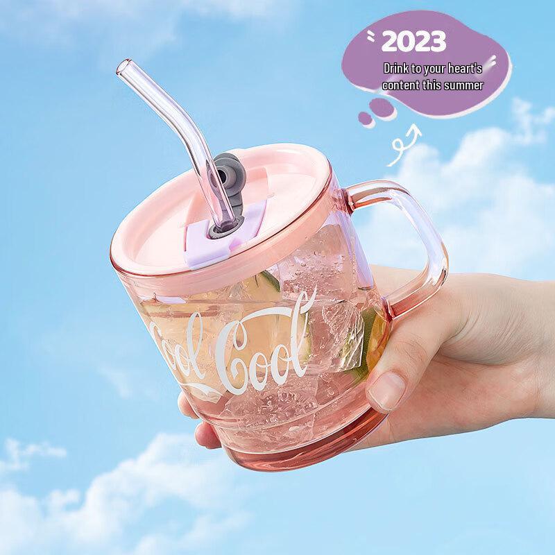 Horned Violet Dual-Drink Glass Cup with Handle & Straw