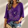 Women's 3D Print V-Neck Loose Fit Three-Quarter Sleeve T-Shirt Casual Top
