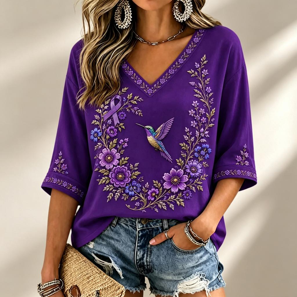 Women's 3D Print V-Neck Loose Fit Three-Quarter Sleeve T-Shirt Casual Top