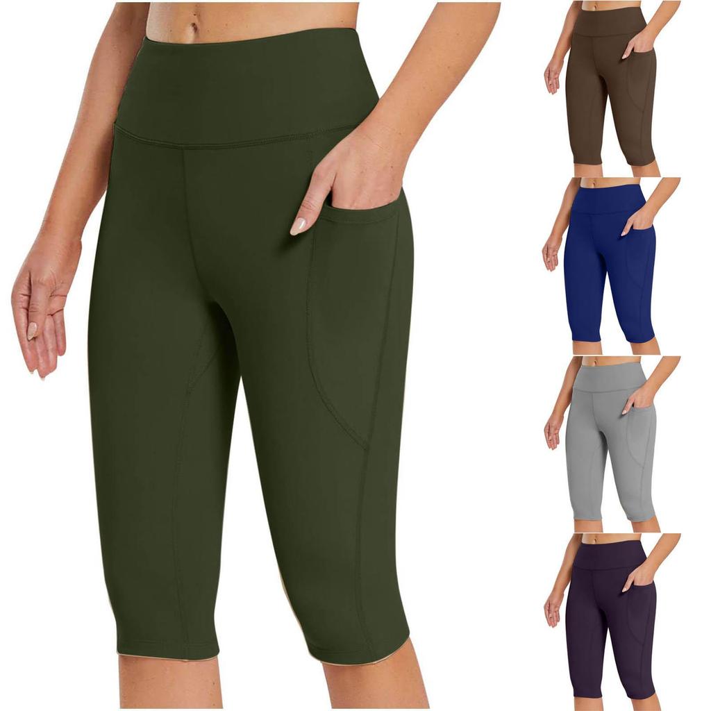 Pantaloncini con tasche da allenamento per motociclisti da yoga a vita alta da donna, leggings atletici