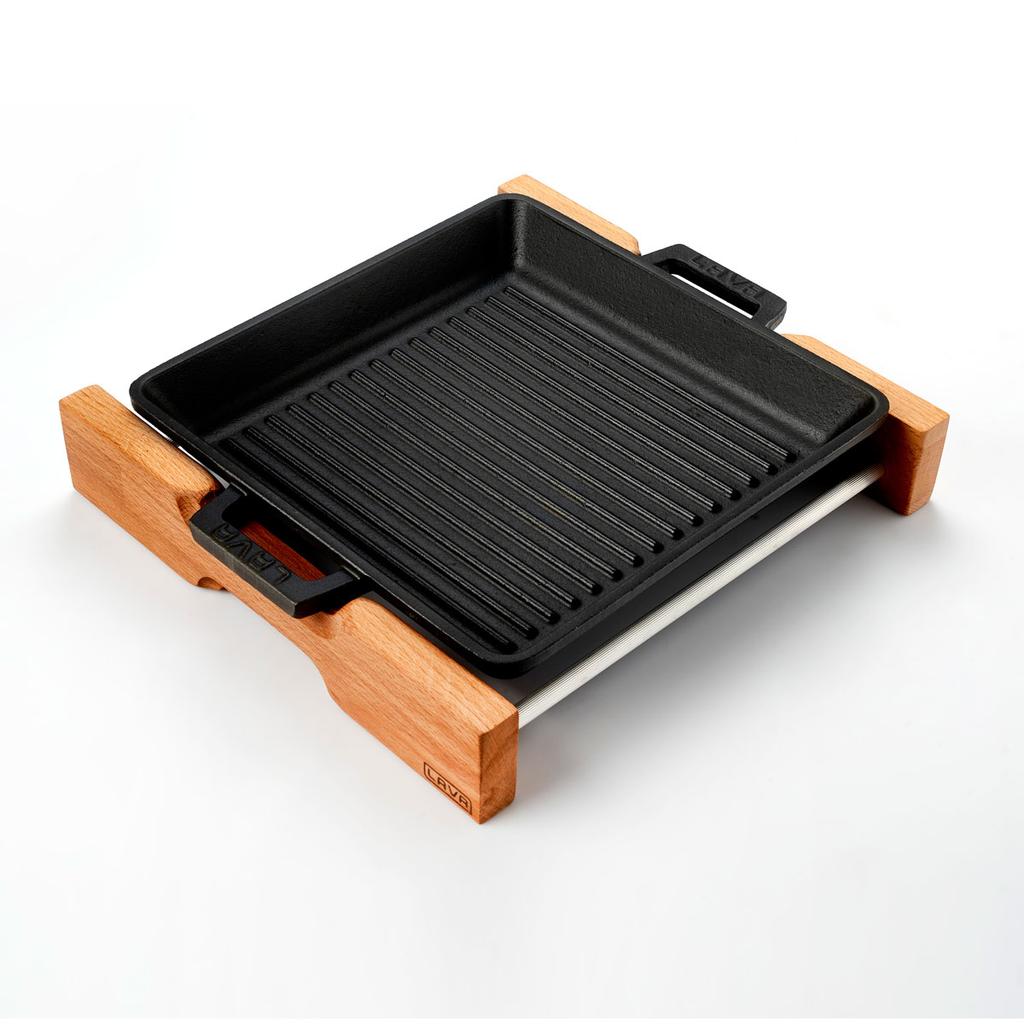 Lava Cast Iron Square Grill Pan. Dual Handle, With Wooden Platter 26X26cm.