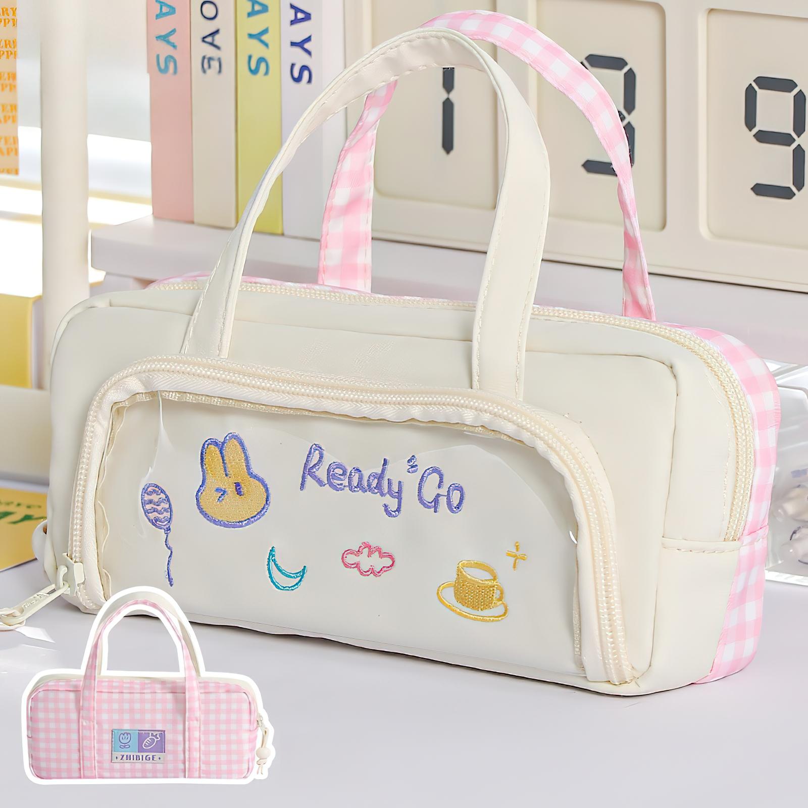 

1pcs Double-side Color Blocked Pencil Bag Pen Case, Hitting Colors Cute Embroidery Handle Storage Pouch for Stationery A7886