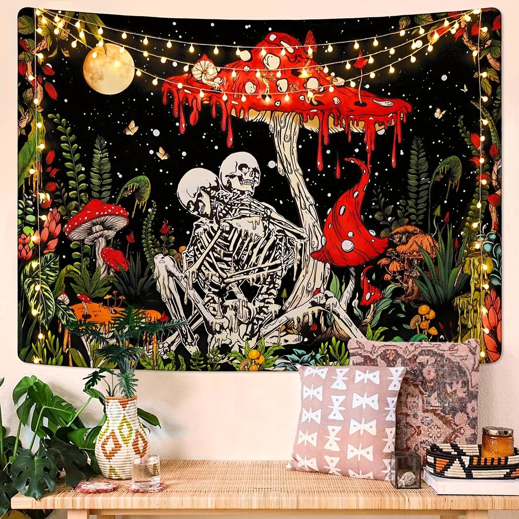 Whimsical Skeletons and Mushrooms Tapestry Perfect for Eclectic Decor Vibrant Wall Hanging Adds Charm