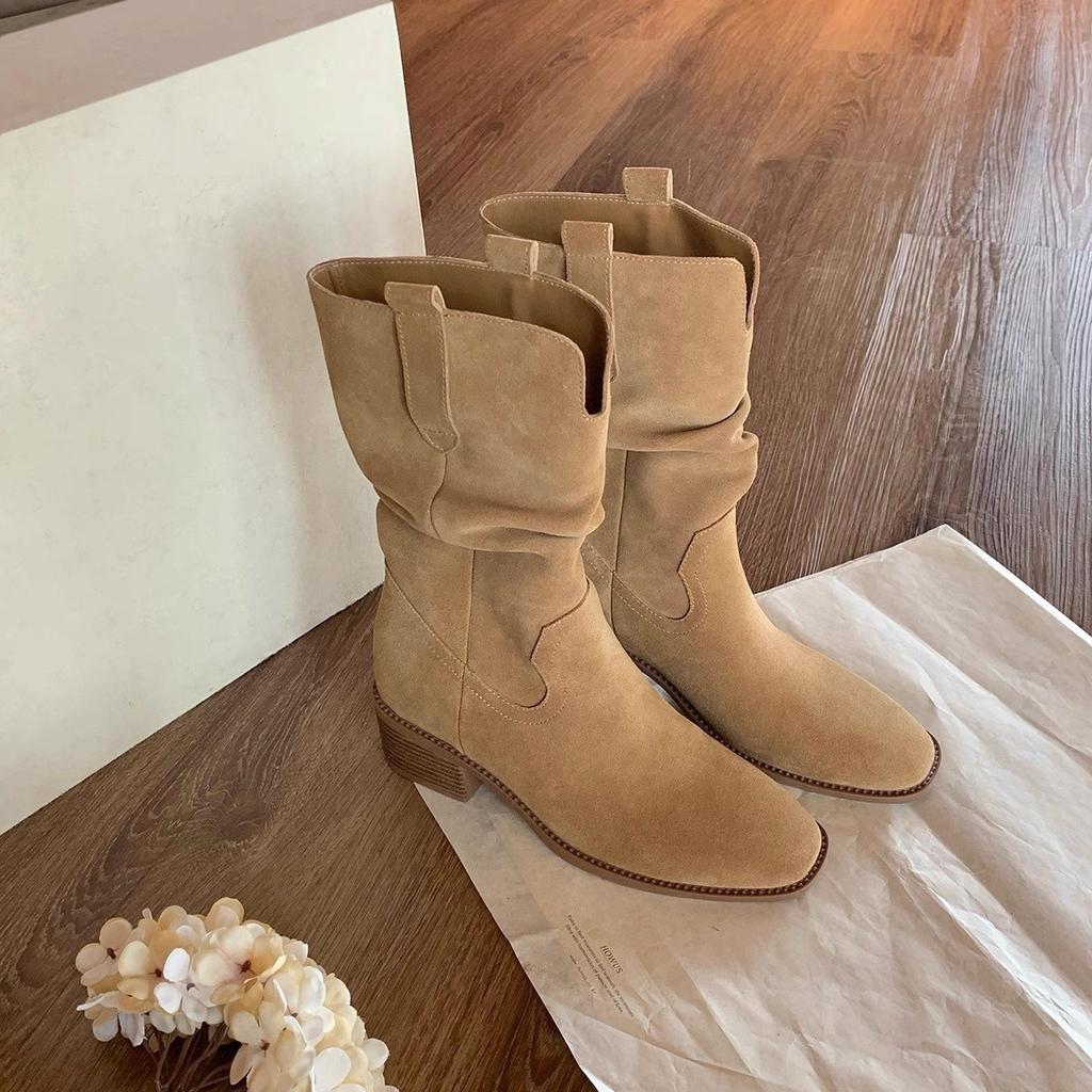 Cowhide Model~ Genuine Leather Small Man Inner Height Increase 8cm Martin Boots Women's Thick Heel Thin Western Medium Tube Short Boots Stacking Boots