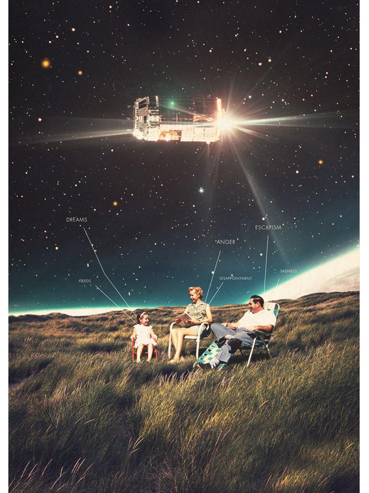 Vinatge Space Collage Night Sky Posters Canvas Painting Galaxy Moon Surrealism Wall Art Picture For Living Room Home Decoration