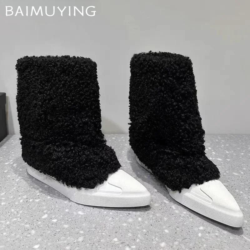 Fur Snow Ankle Boots Women Pointed Toe Flats Designer Warm Shoes Woman 2024 Trend Winter Sneakers Plush Mototrcycle Botas Mujer