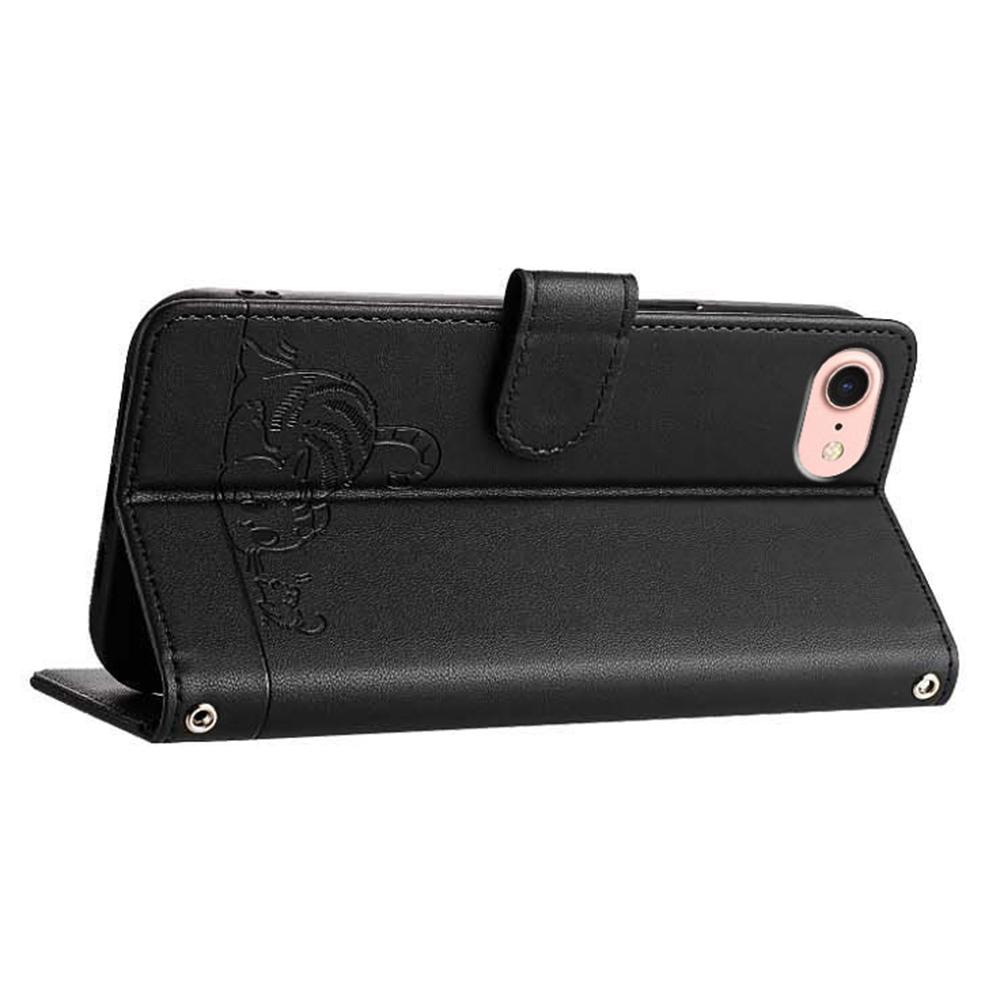 For iPhone SE (2020)/(2022)/7/8 Case with Strap RFID Blocking Leather Wallet Phone Cover Cat Mouse Pattern