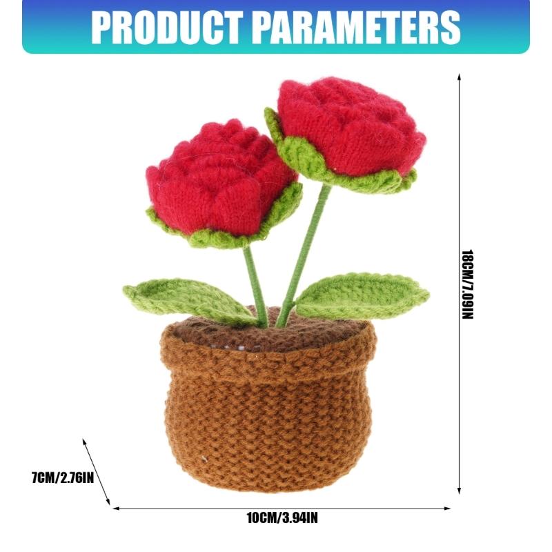 Cute Crochet Rose Flower Arrangement Small Knitting Potted Plant Ornament Home Office Desktop Decors For Wedding Gift