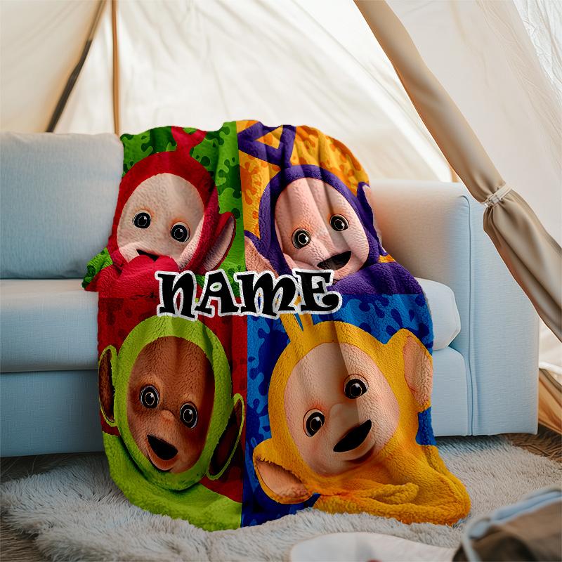 Customizable Teletubbies Throw Blanket – Personalized Name, All-Season Cozy Snug Blanket, Machine Washable, Personalized Blanket