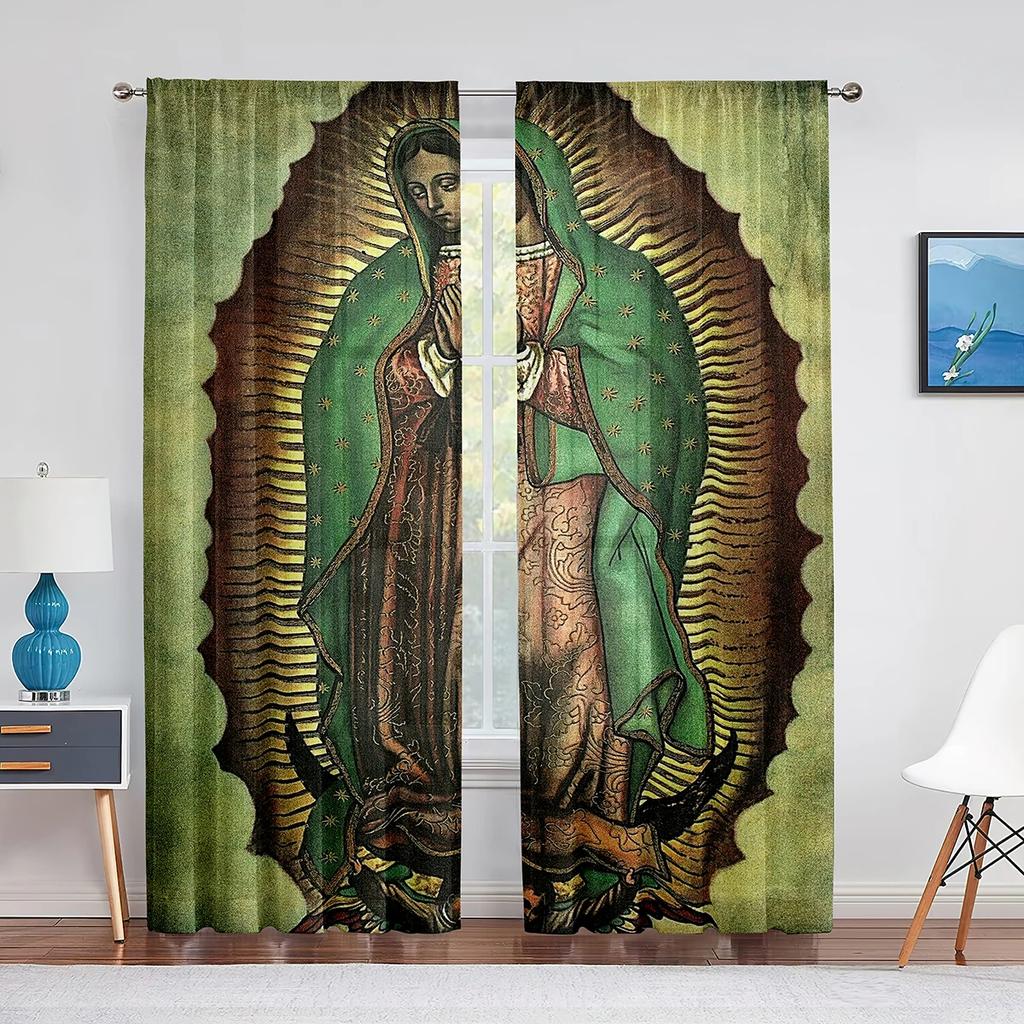 Our Lady Guadalupe Mexican Saint Virgin Mary Floral Sheer Curtains for Bedroom Living Room Kitchen Blinds Window Curtains 2pcs