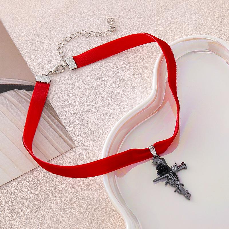 European & American Gothic Velvet Cross Rose Pendant Necklace