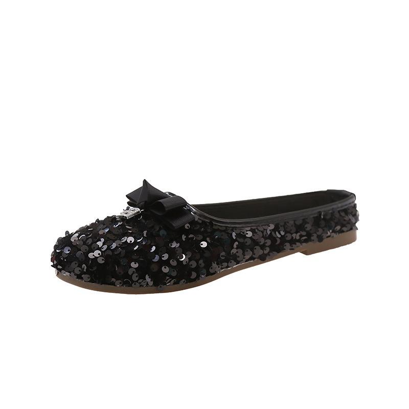 

Flat-bottomed slippers women s new bow retro large-size sandals bag head half slippers women s summer 43 чёрный