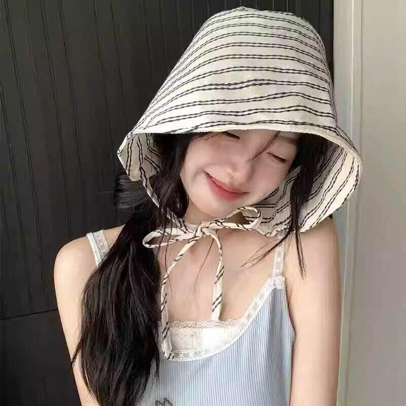 New Summer Women'S Striped Bucket Hat Japanese Style Wide Brim Sun Protection Hat Versatile Sun Hat