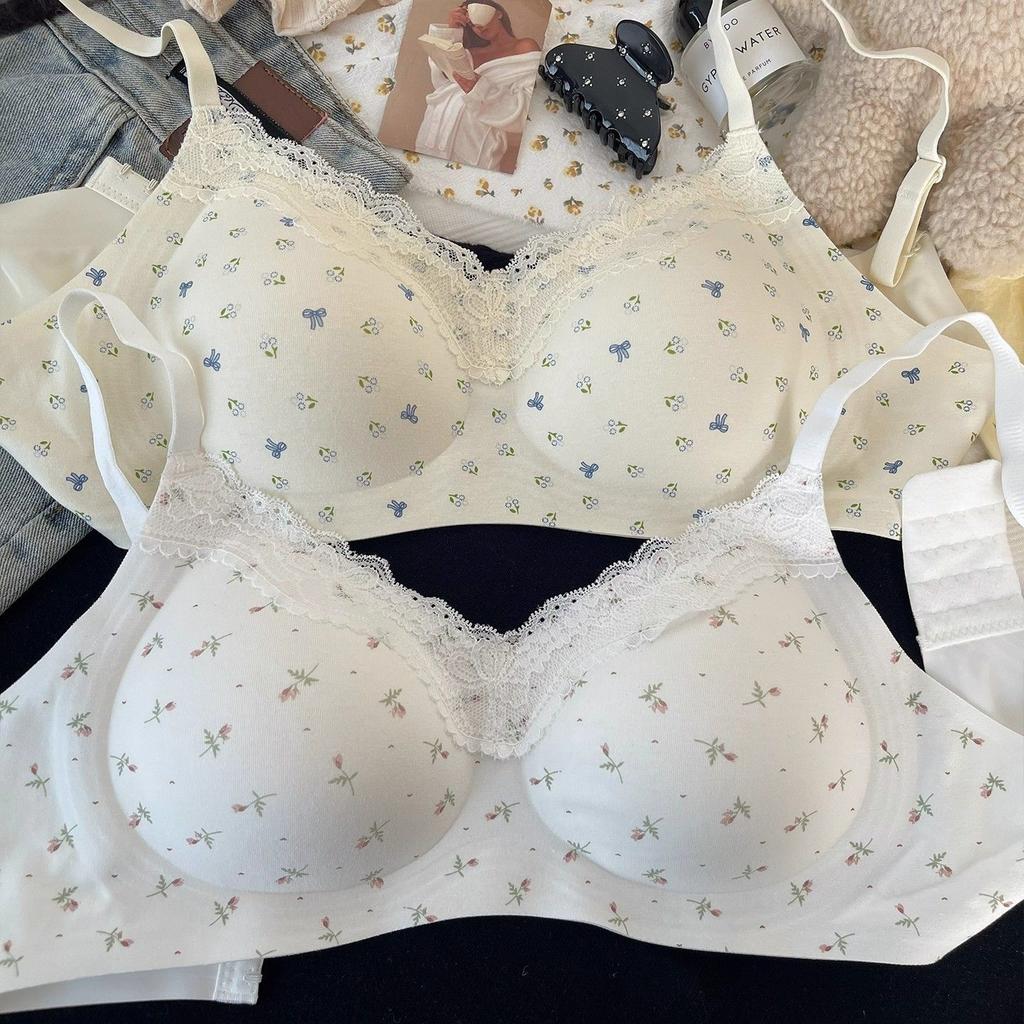 French floral seamless underwear women's small breasts gather without steel rings to close secondary breasts anti-sagging girl pure desire lace bra