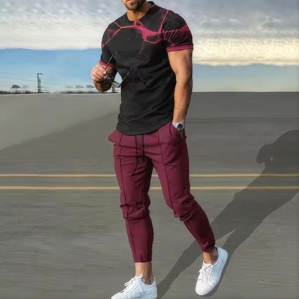 Summer Men s T-shirt Pants Sportswear Geometric Printed Pants Set 2-piece Street Wear Suit Sportswear S