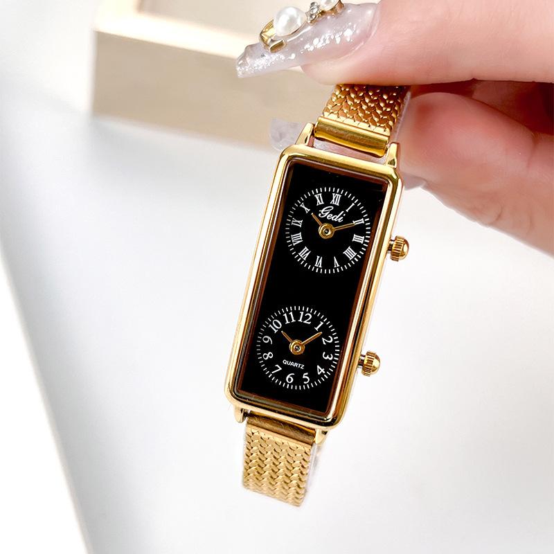 Creative Dual Movement Watch Women'S Retro Small Square Watch Women'S Dual Time Zone Niche High-End British And British Watch