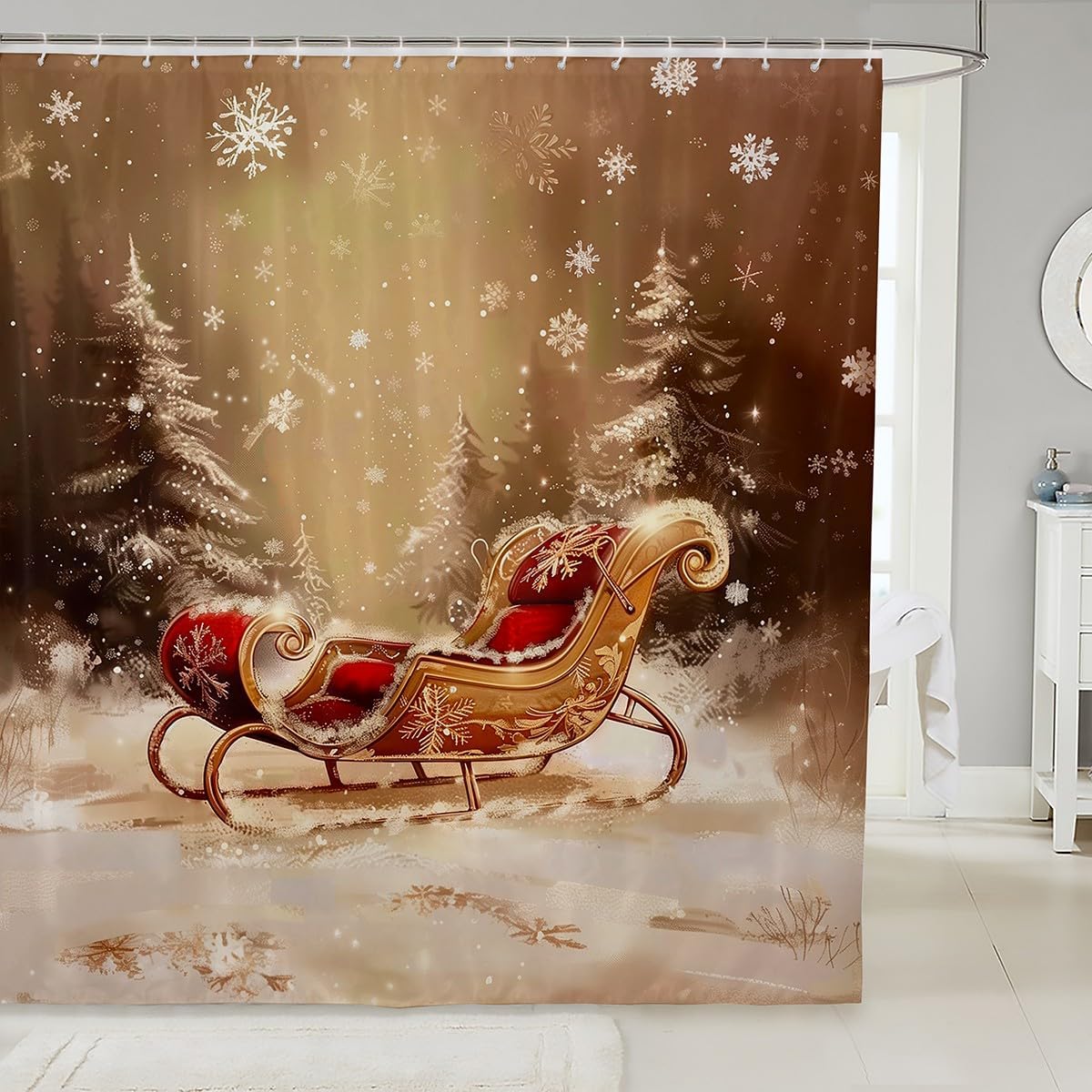 

Vintage Santa Claus Sleigh Christmas Shower Curtain with Snowflake Design, Waterproof Rustic Xmas Bathroom Decor for Holiday 90x180cm35x71in