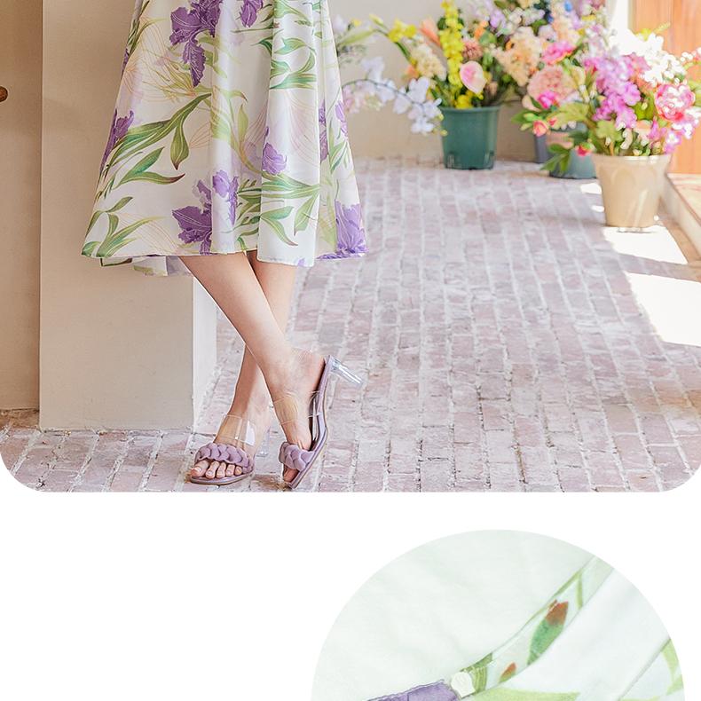 French style fresh and elegant style, purple imitation satin, niche print A-line skirt, slimming half skirt