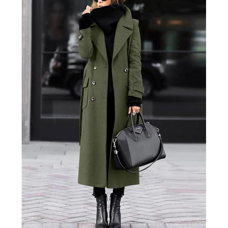 Womens Wool Blend Coat Winter Thickened Mid-Length Trench Style Outerwear Casual Elegant Double-Breasted Jacket