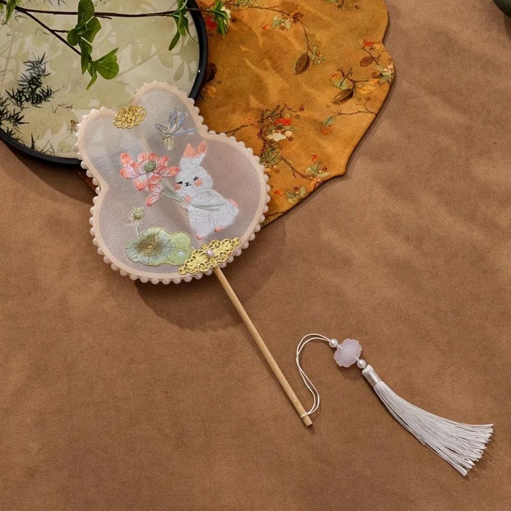 Embroidery Fan Long Handle Handheld Chinese Style Pearl Embellished Fan Rabbit Shaped with Tassel Hanfu Decorative Fan