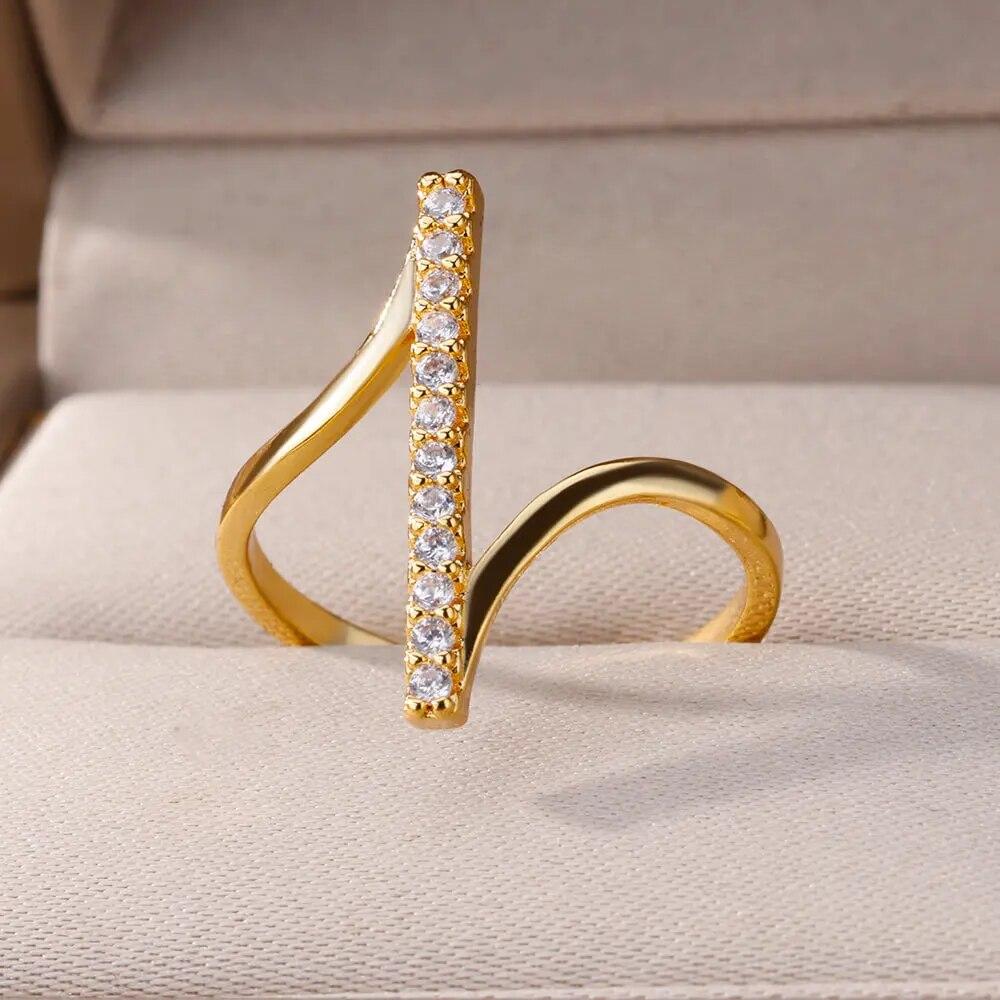 Simple Shiny Zircon Geometric Rings for Women Stainless Steel Ring Opening Gold Plated Wedding Finger Ring Jewelry Party Gifts