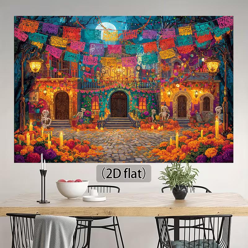 2D Día De Los Muertos Street Scene Wall Tapestry, Colorful Mexican Holiday Backdrop for Living Room