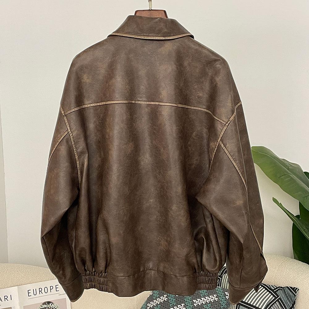 OFTBUY Women Vintage Loose Pu Faux Leather Short Jacket Pockets Motorcycle Jacket Female Zipper Retro Moto Biker Coat Outwear Tops