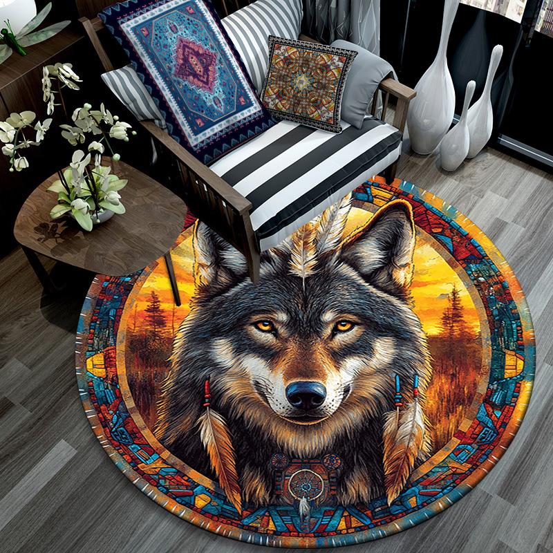 Wolfsgeist Runder Teppich, Teppich für Wohnzimmer Schlafzimmer Sofa Spielzimmer Dekor, Rutschfeste Bodenmatte