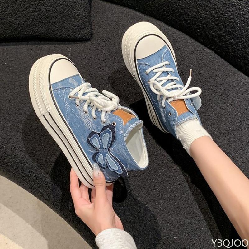 Fashion Thick Soled Women's Canvas Shoes Spring and Autumn New High Top Denim Butterfly Decorated Canvas Casual Versatile Board Shoes