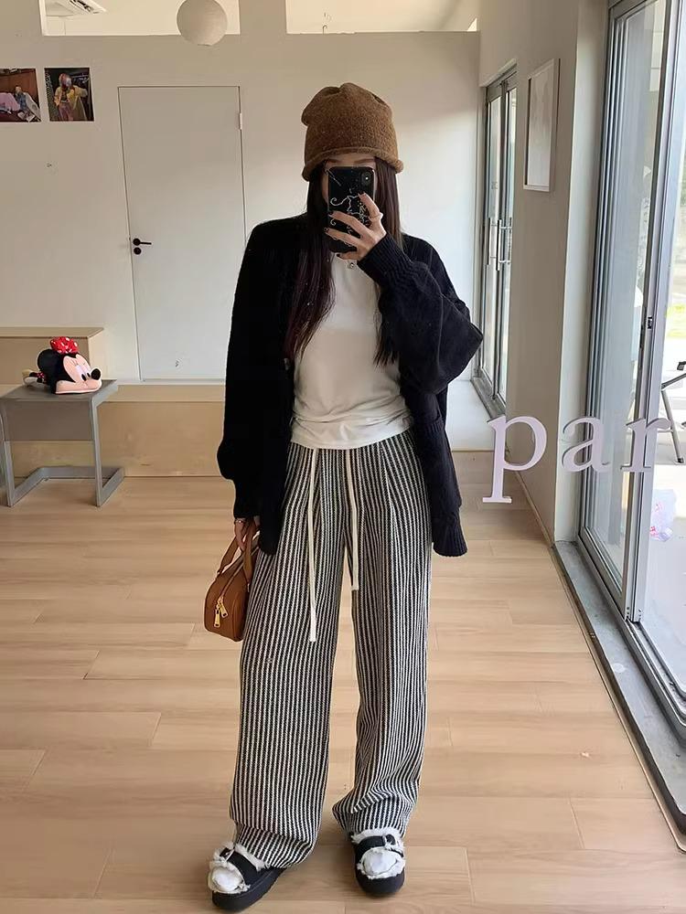 

Женские брюки с высокой талией, из шерсти, с широкими штанинами, в кофейную полоску, на весну/осень - корейский стиль, доступны маленькие размеры. XL (for 59-63 kg)