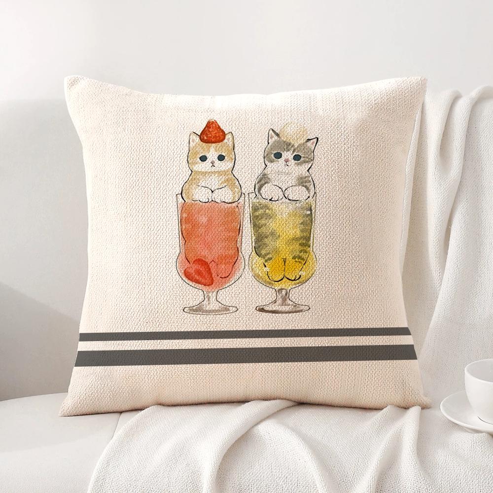 Cute Cat Cartoon Animal Cushion Cover Natural Linen Organic Fabric DoubleSided Printing Sofa Home Decor Breathable Bed Pillow