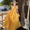 Seaside Vacation Beach Dress Waist Pendulum Yellow Suspender Dress Summer New Coffee Break French Temperament Long Dress