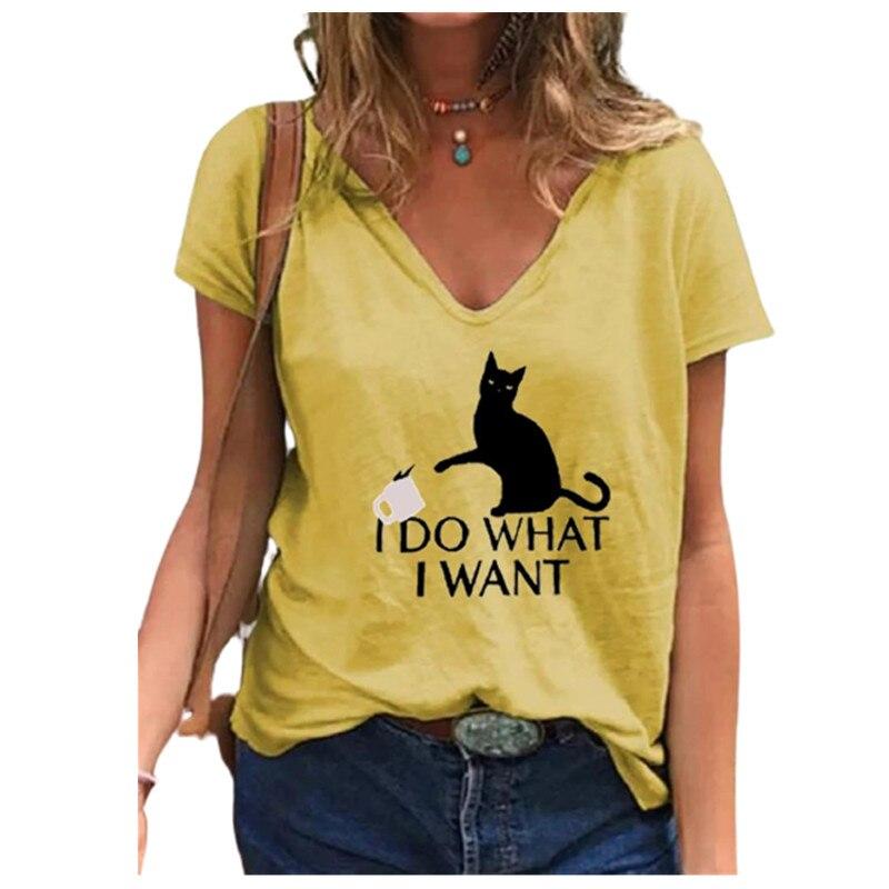 Fashion Spring  Black Cat Print Blouses Short Sleeved V-Neck T Shirts Casual