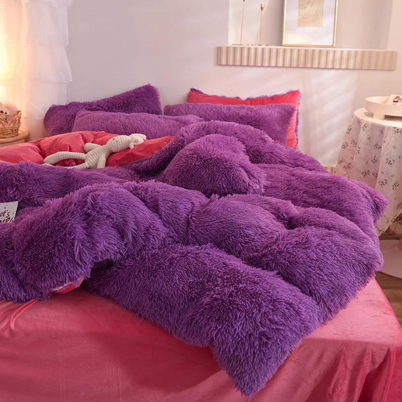 Luxury Winter Warm Long Plush Pink Bedding Set Queen Mink Velvet Double Duvet Cover Set with Fitted Sheet Warmth Quilt Covers