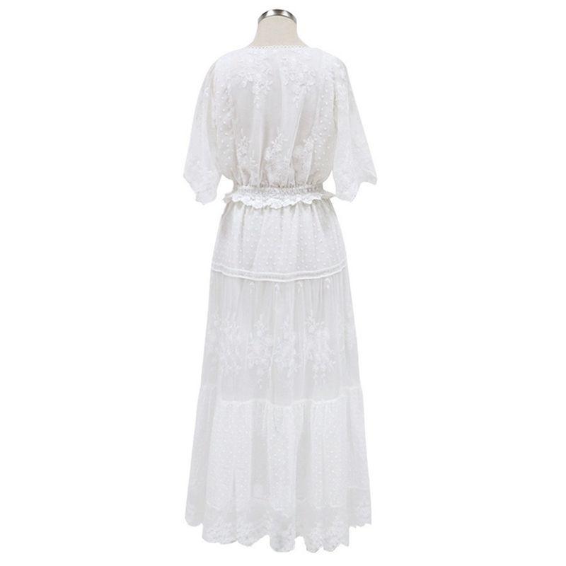 Cross Semi-Sheer Plunge V-Neck Short Sleeve Lace Maxi Dress